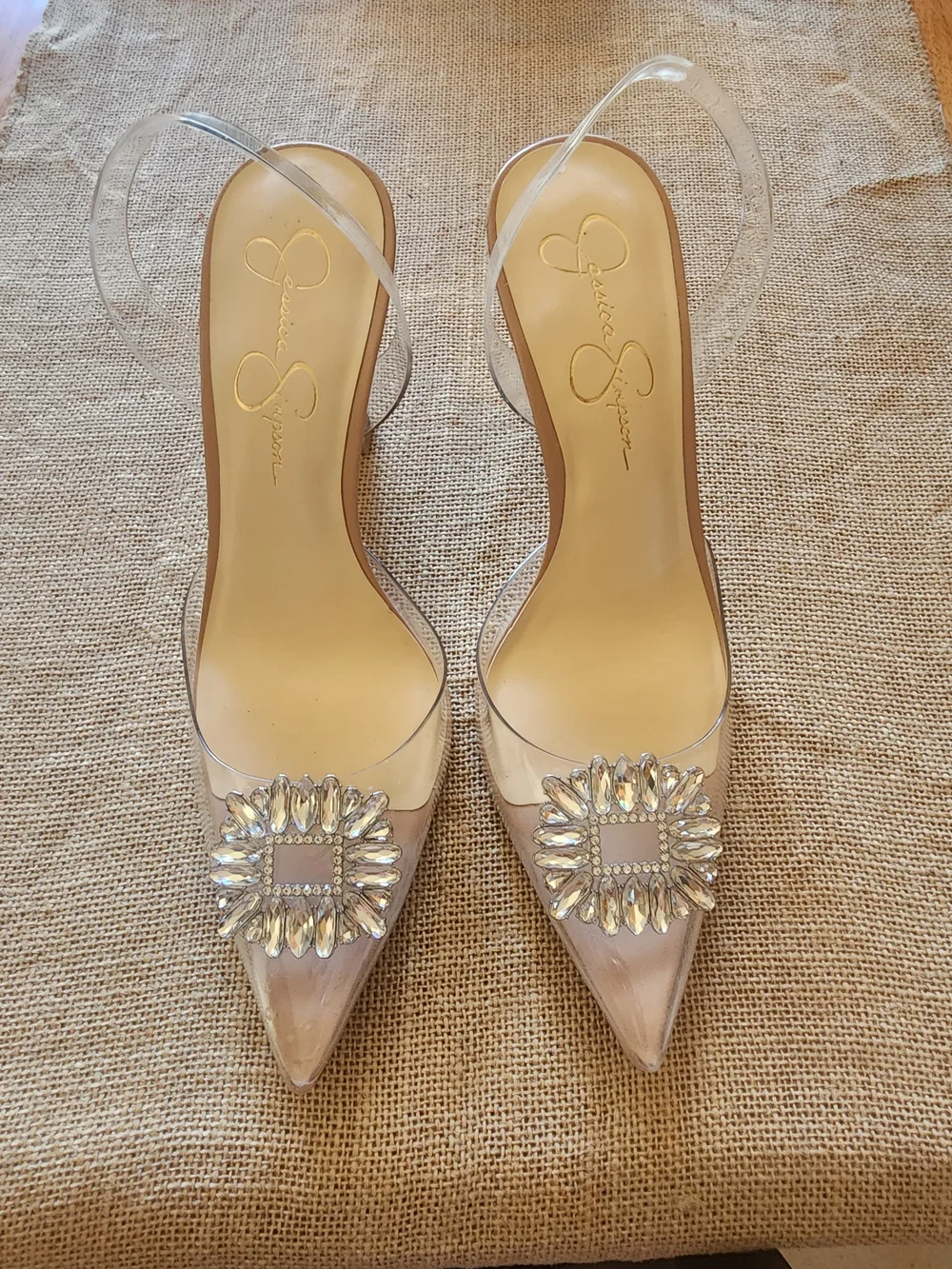 Jessica Simpson Clear Pointed Slingback Pumps with Crystal Accent - Nude